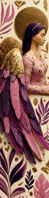 Free angel bookmark featuring large wings angel in purple and gold